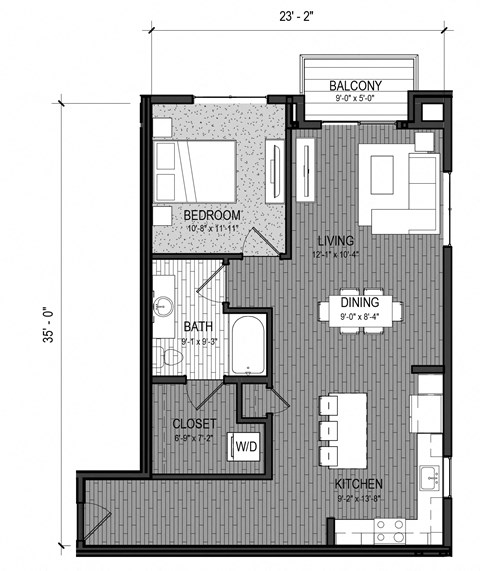 Floor plan for 1 bed, 1 bath, 823 sqft